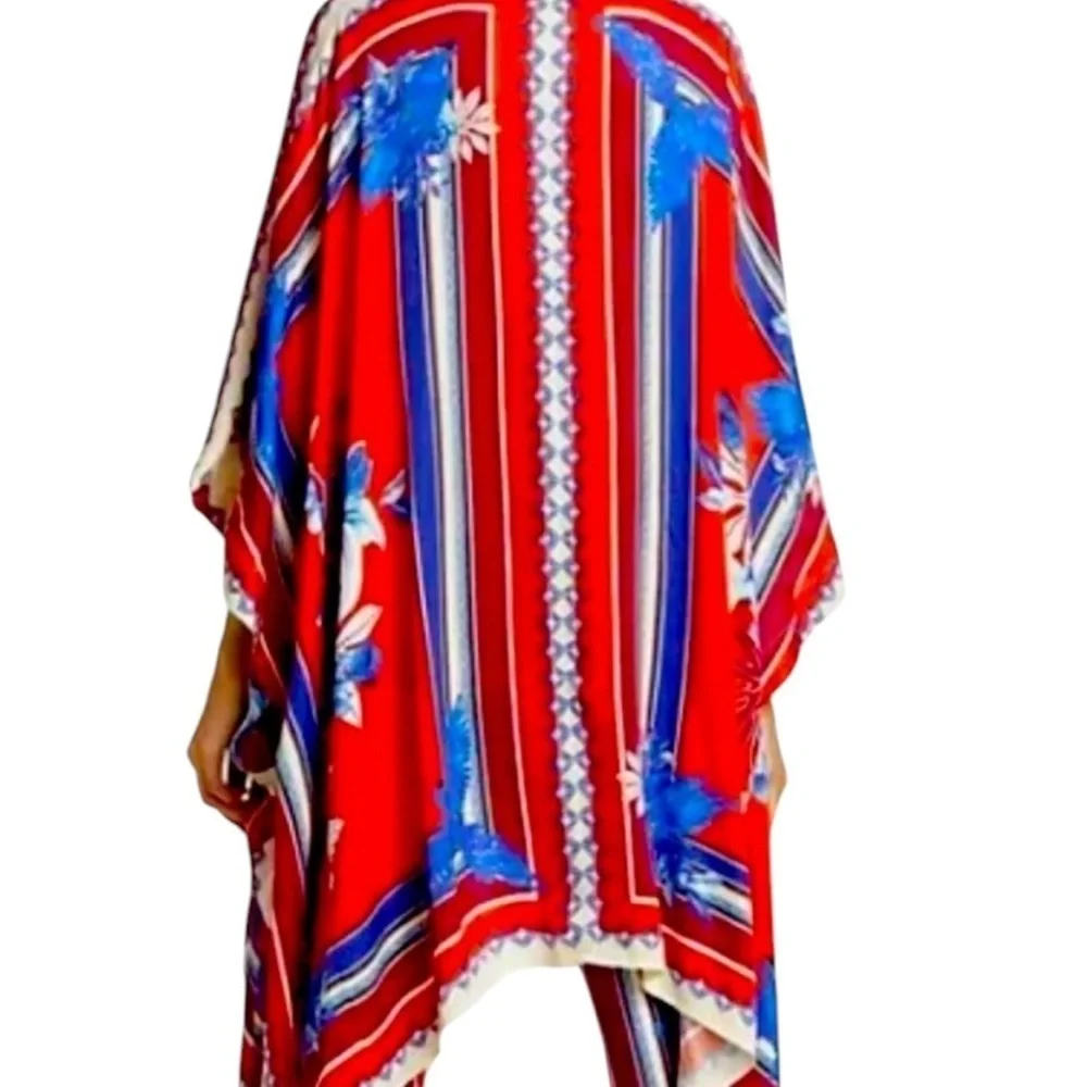 Farm Rio Macaw Red and Blue Geometric  duster  with Flowing Sleeves. - Picture 2 of 14